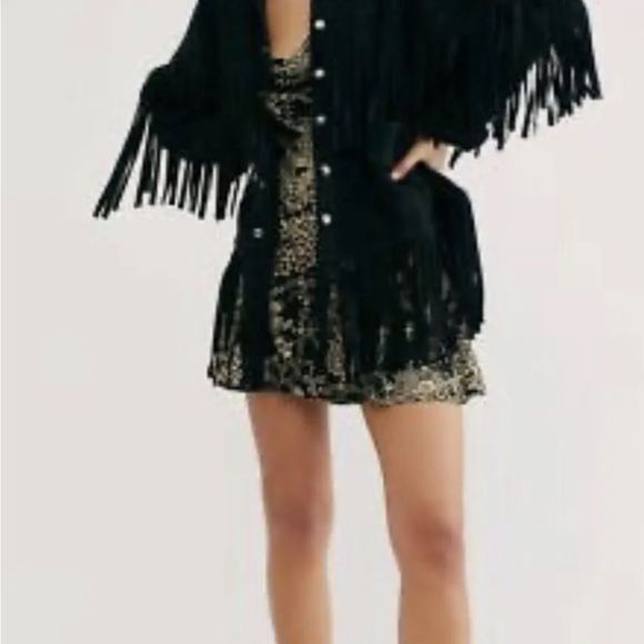 Free People The Lucky Ones Suede Jacket Fringed Studded Snap Front Black - Picture 4 of 7